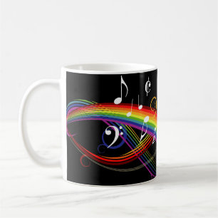 Caneca De Café Notas brancas da música do arco-íris no preto