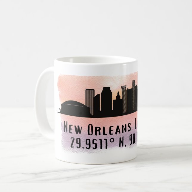 Caneca De Café Nova Orleans City Skyline Latitude e Longitude (Frente Esquerda)