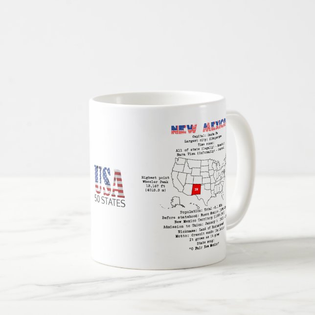 Caneca De Café Novo estado mexicano americano em um mapa e inform (Frente Esquerda)