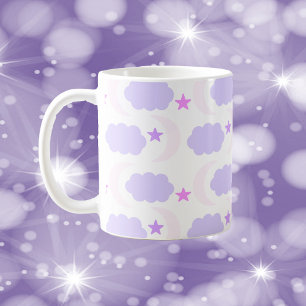 Caneca De Café Nuvens de Lua Estrelas Rosa Claro Roxo