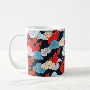Caneca De Café Nuvens e garfos de chama sobre fundo preto. Vint