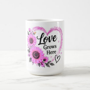 Caneca De Café O Amor Cresce Aqui Girassol Rosa Floral Coração