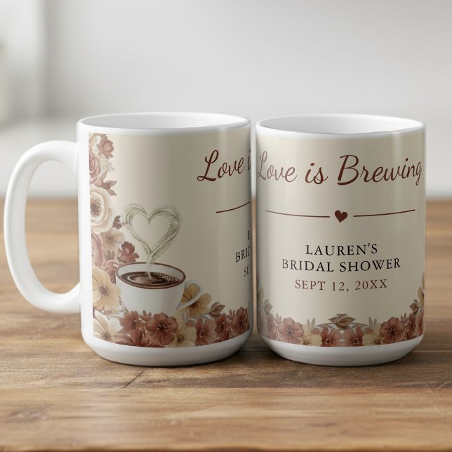 Caneca De Café O Amor está Cozinhando Floral Marrom Chuveiro de N (Love is Brewing Brown Floral Heart Bridal Shower Coffee Mug
)