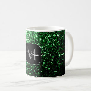 Caneca De Café O brilho verde escuro glamoroso sparkles monograma