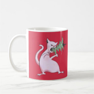 Caneca De Café O gato branco gordo engraçado come a árvore de