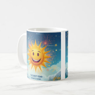 Caneca De Café O Melhor Ano Começa Agora! Sol Sorridente e Fogos