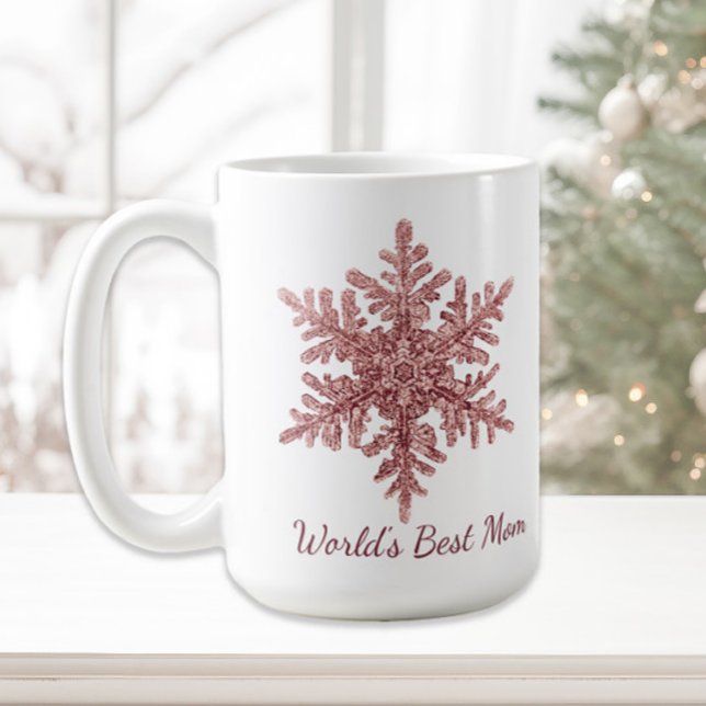 Caneca De Café O melhor floco de neve da mamãe Burgundy (Rose gold Christmas snowflake "World's Best Mom" coffee/cocoa mug)