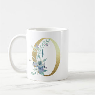 Caneca De Café O, ouro inicial com folhagem floral azul