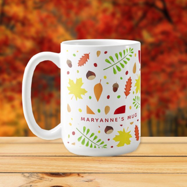 Caneca De Café O outono colorido deixa nome personalizado (Personalized mug with fall leaves and nuts)