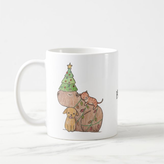 Caneca De Café O presente de Capybara com o gato e o cão Feriado  (Esquerda)