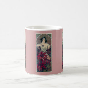Caneca De Café o vermelho do art deco do mucha floresce a fêmea