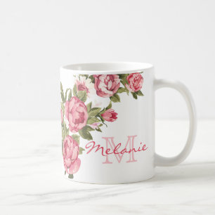 Caneca De Café O vintage cora peônias cor-de-rosa nome dos rosas,