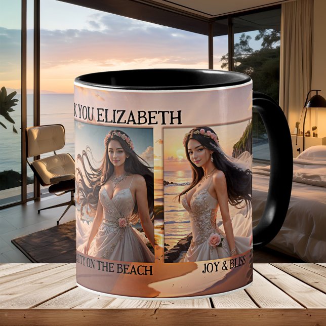 Caneca De Café Obrigado Bridesmaid Photo Beach Wedding (Bridesmaid Thank You wedding favor mug featuring custom photos on a painting of the beach)