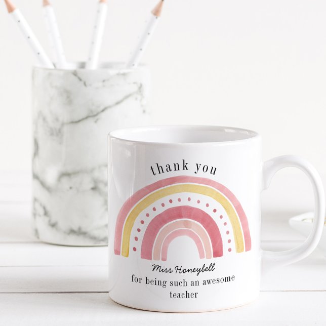 Caneca De Café Obrigado Doodle Pink Rainbow Professor Incrível (Awesome Teacher thank you gift mug with pastel rainbow)