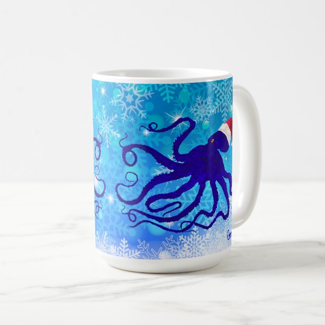 Caneca De Café Octopus de Natal Azul - 15 oz.Caneca (Frente Esquerda)