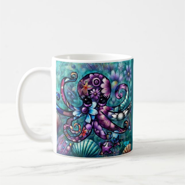 Caneca De Café Octopus Floral Teal Roxo Azul Costeira (Esquerda)