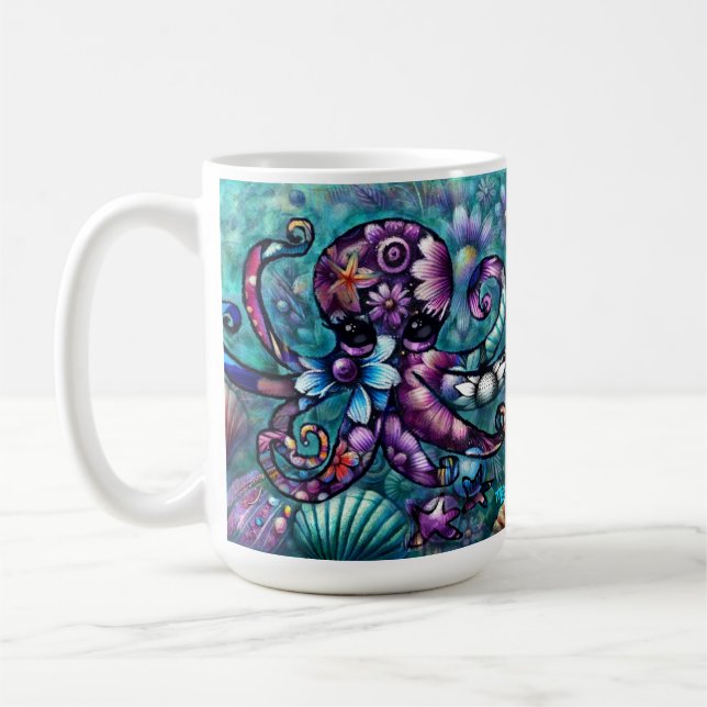 Caneca De Café Octopus Floral Teal Roxo Azul Costeira (Esquerda)