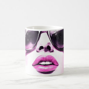 Caneca De Café Óculos de Sol Femininos de Moda em Aquarela Rosa C