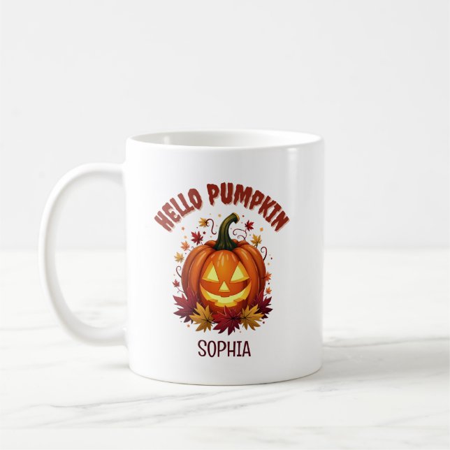 Caneca De Café Olá Abóbora | Folhas de Outono Personalizadas (Esquerda)