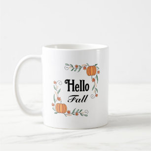 Caneca De Café Olá Outono Abóboras com Folhas Rústico Fofo