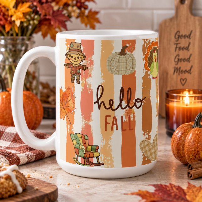 Caneca De Café Olá Outono Patchwork Rústico Folhas Laranjas Listr (Criador carregado)