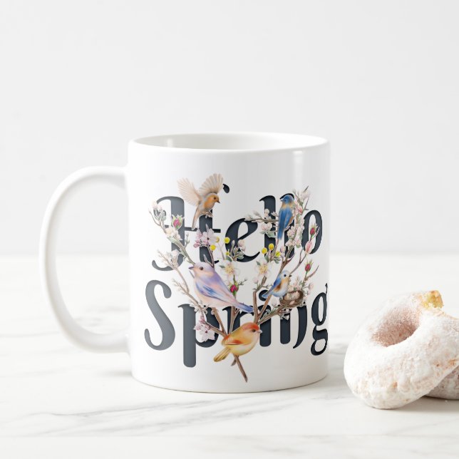 Caneca De Café Olá Pássaros Primavera (Com Donut)