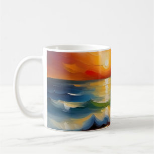 Caneca De Café Óleo Pintura do pôr do sol laranja sobre o oceano