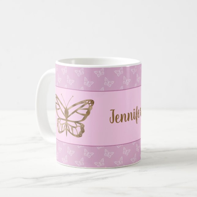 Caneca De Café Olhar de Borboleta em Folha de Ouro Falso sobre La (Frente Esquerda)