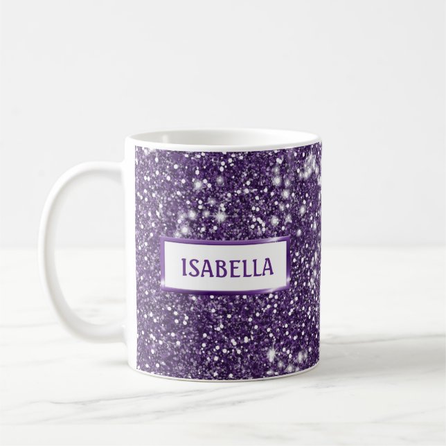Caneca De Café Olhar Textura Brilho Roxo Falso Com Seu Nome (Esquerda)