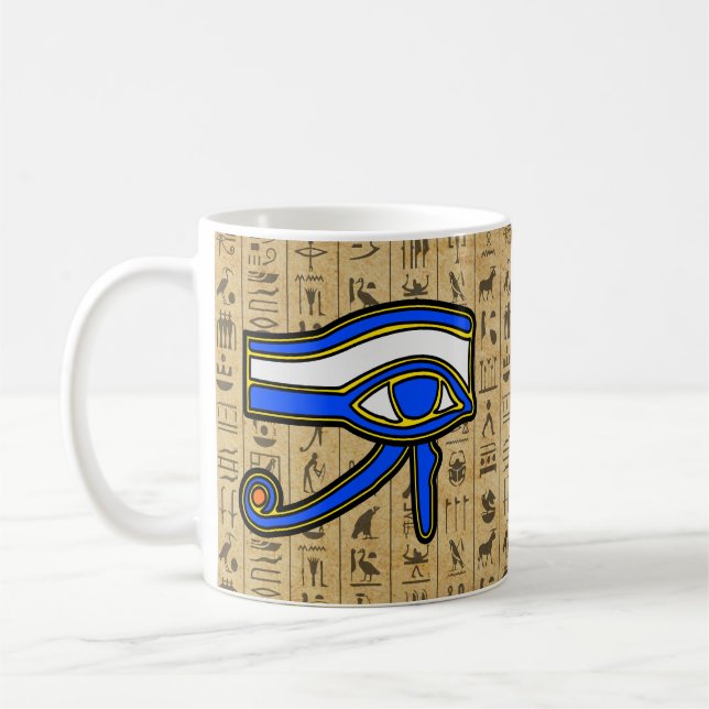 Caneca De Café Olho De Cavalo Azul Em Hieroglifos (Esquerda)