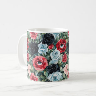 Caneca De Café Olhos Pretos Azuis Vermelhos em Flores Halloween