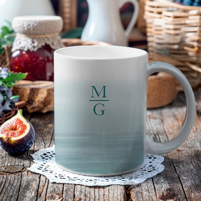 Caneca De Café Ombre Watercolor Beach Monographic Teal (This mug features a watercolor ombre background that feels like a beach with a monogram.)