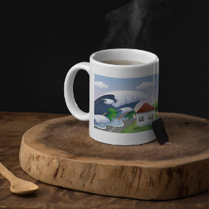Caneca De Café Onda de Tsunami Atingindo Estrada Costeira Tempest