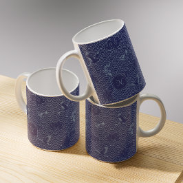 Caneca De Café Onda Tradicional Japonesa Azul Monograma Seigaiha