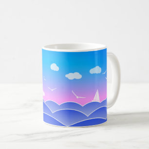 Caneca De Café Ondas azuis, veleiro, gaivotas, escape