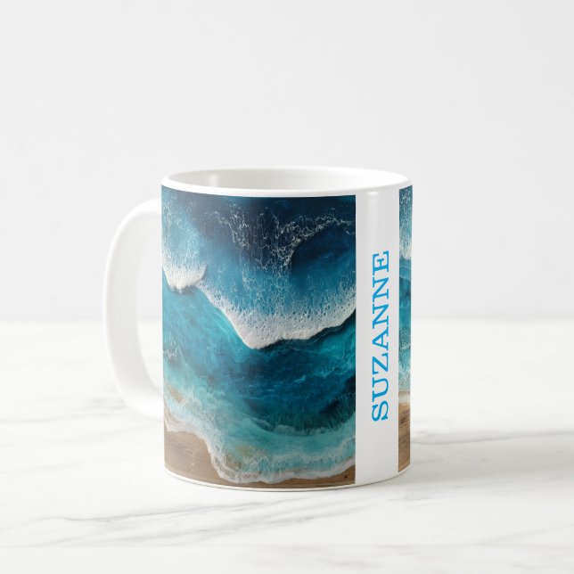 Caneca De Café Ondas de Resina Azul Olhar Praia (Frente Esquerda)