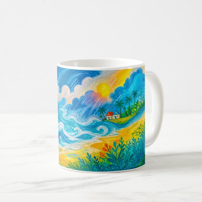 Caneca De Café Ondas de tempestade batendo perto da casa de praia (Frente Esquerda)
