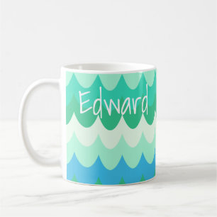 Caneca De Café Ondas Geométricas Azuis, Verdes e Teares