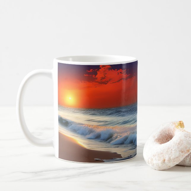 Caneca De Café Ondas oceânicas e pôr do sol no Chá arenoso (Com Donut)