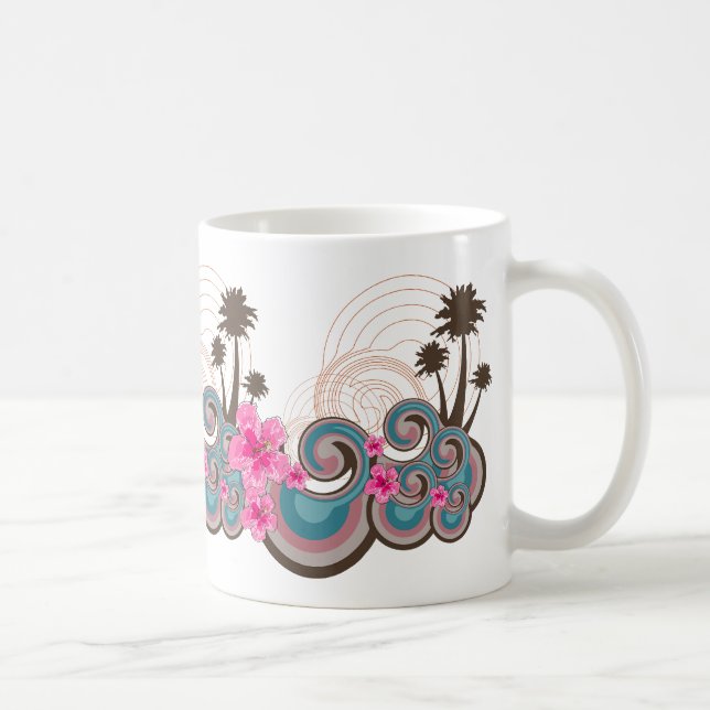 Caneca De Café Ondas Tropicais Rosa Quente Hibiscus Beach Palm Tr (Direita)