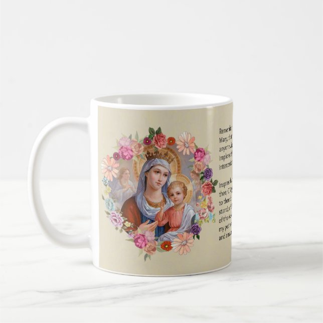 Caneca De Café Oração abençoada de Memorare dos rosas da Virgem (Esquerda)