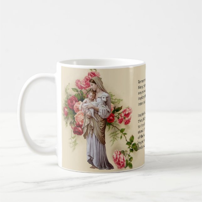 Caneca De Café Oração abençoada de Memorare dos rosas da Virgem (Esquerda)