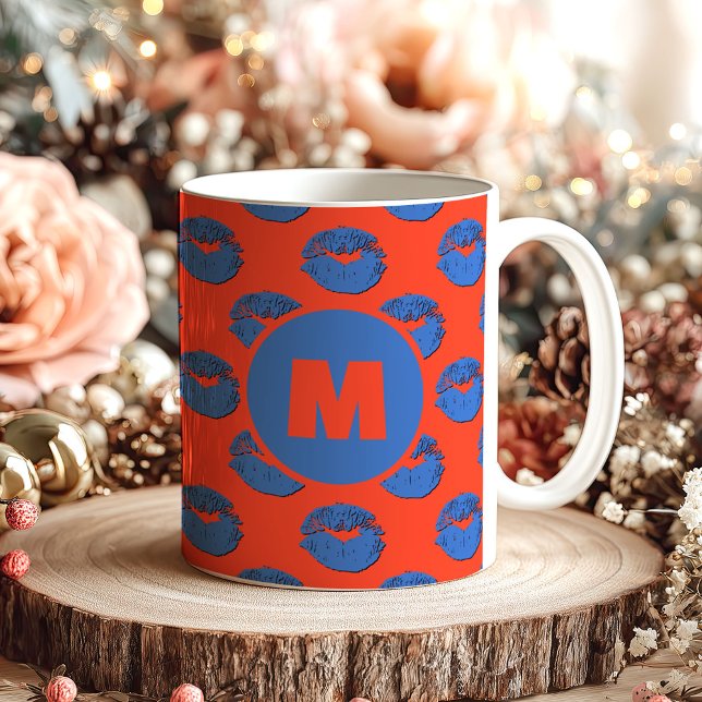 Caneca De Café Orange and Blue XOXO Kissing Lips Personalized (Criador carregado)