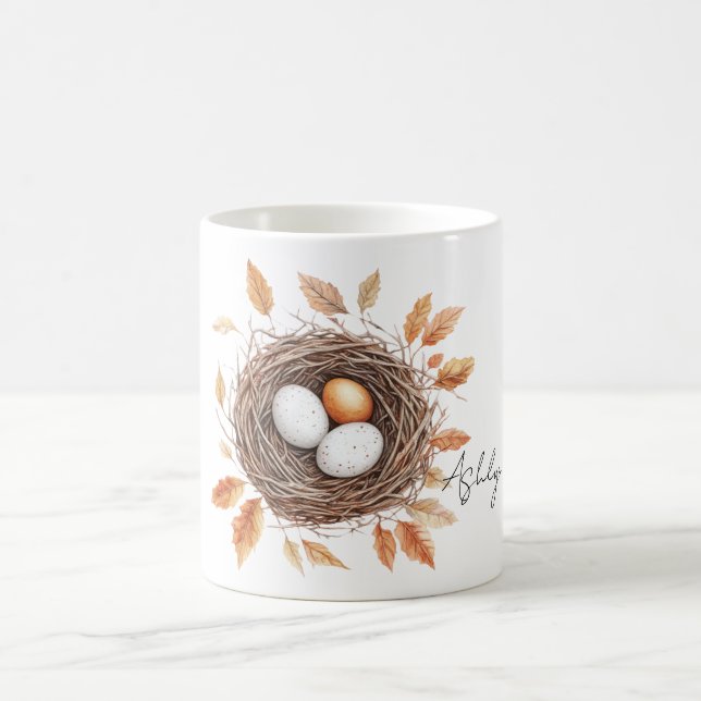 Caneca De Café Orange Leaves Bird Nest with Eggs (Centro)
