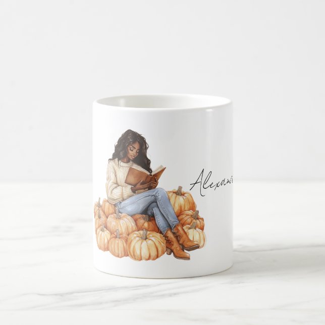 Caneca De Café Orange Pumpkins Black Girl with Book (Centro)