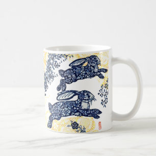 Caneca De Café Oriental Blue White Rabbit Floral Chinoiserie