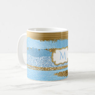 Caneca De Café Ornamentado Azul Moderno e Mug Dourado Monograma