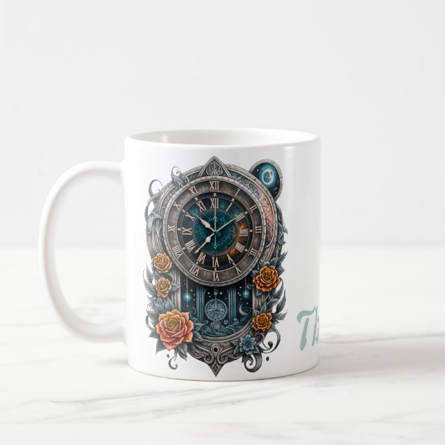 Caneca De Café Ornamentado Steampunk Clock com Rosas. (Esquerda)