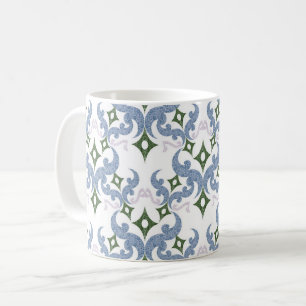 Caneca De Café ornamento de damasco azul e verde pontilhismo