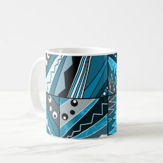 Caneca De Café Ornamento étnico azul monocromático.
